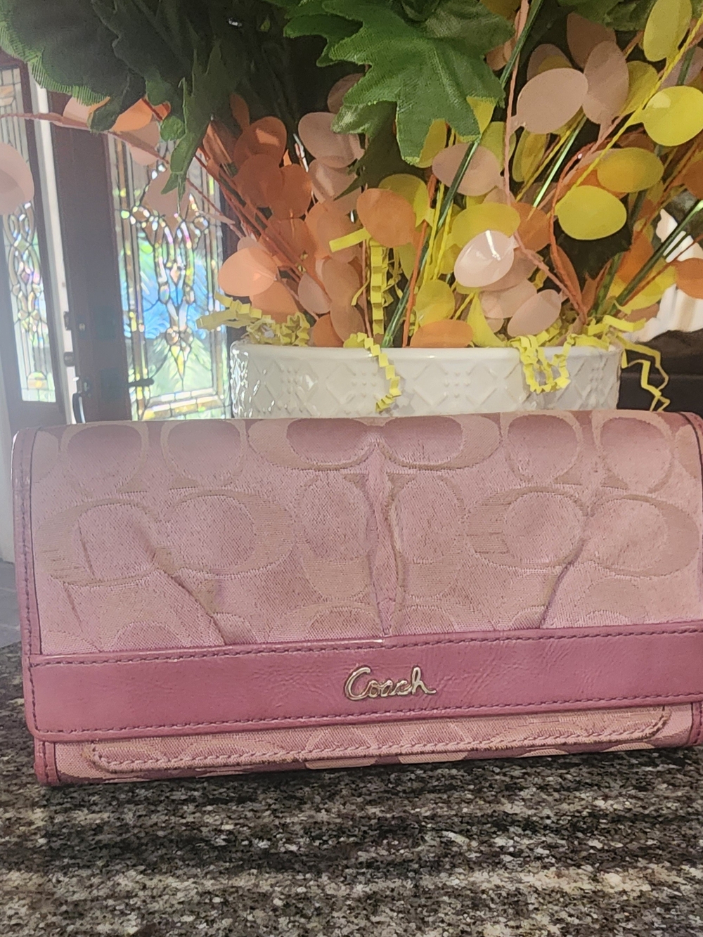 Coach Purple Signature Continental Wallet with Leather Trim